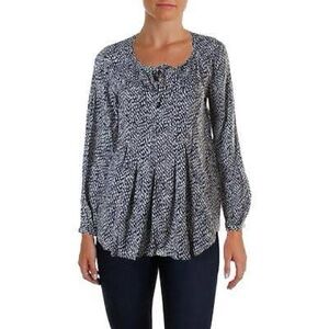 Two by Vince Camuto Navy Lavender White Print Tie Long Sleeve Blouse - SZ L